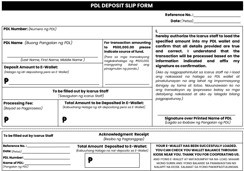 PDL Deposit Slip Form - Front Page