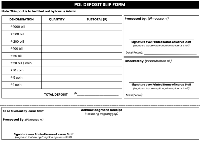 PDL Deposit Slip Form - Denomination Breakdown Page